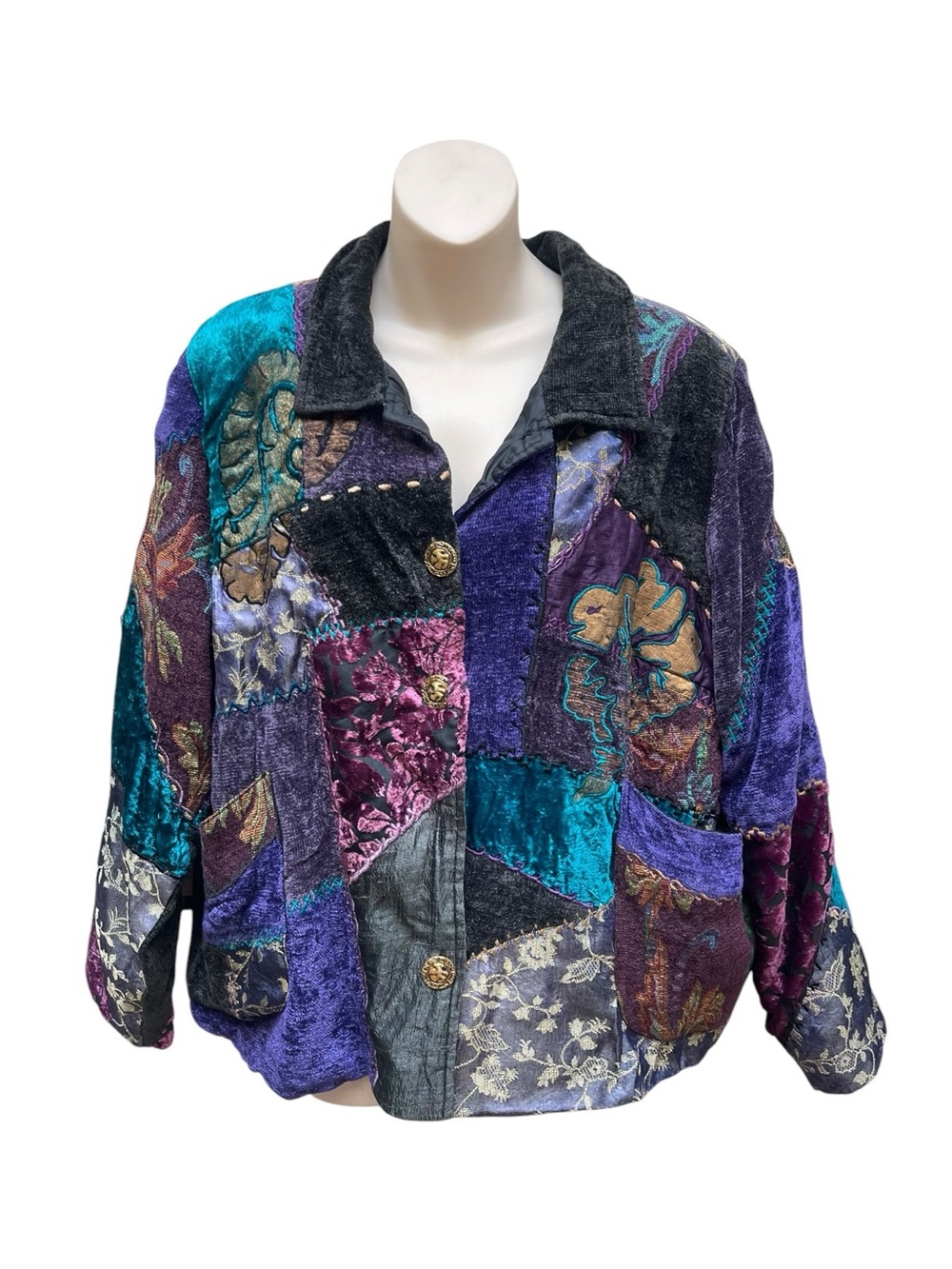 Vintage Tapestry Patchwork Jacket Women’s XXL Boho Velvet Wearable Art Coat